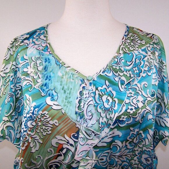 Milano Top Shirt S Ruffle Flutter Cold Shoulder Blue White Green Floral Blouse - Picture 3 of 12